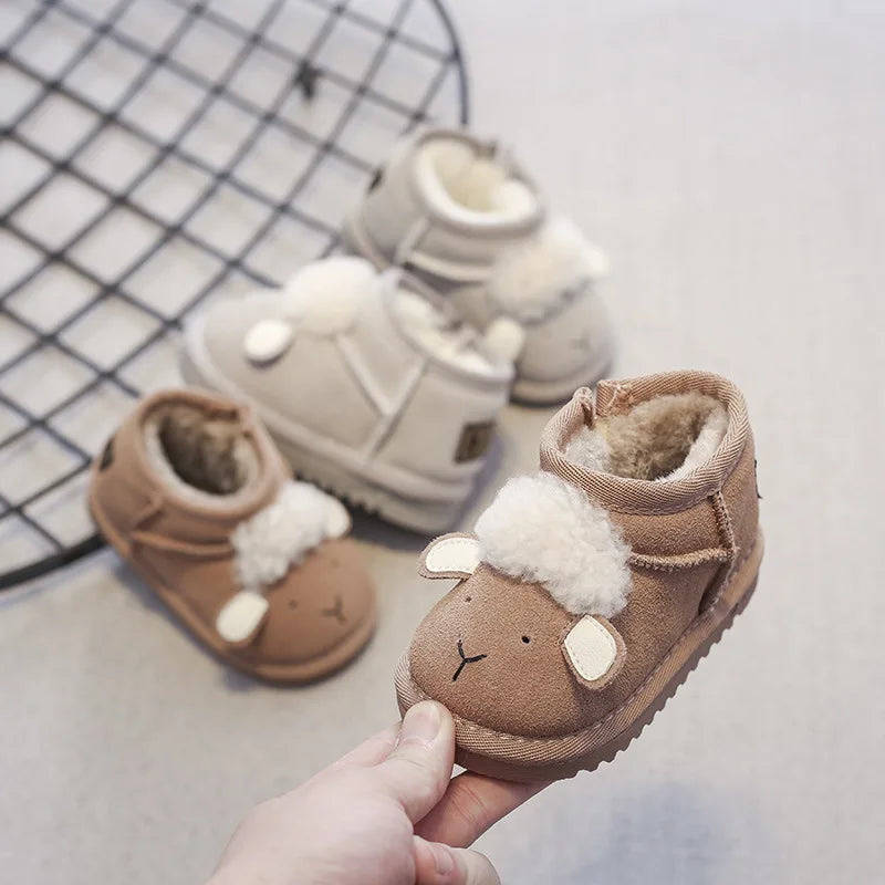 Boobuba 2024 Winter Baby Snow Boots - Cute Leather Sheep Pattern, Warm & Soft