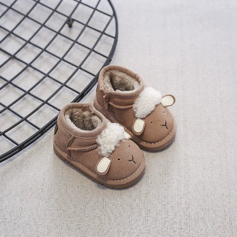 Boobuba 2024 Winter Baby Snow Boots - Cute Leather Sheep Pattern, Warm & Soft