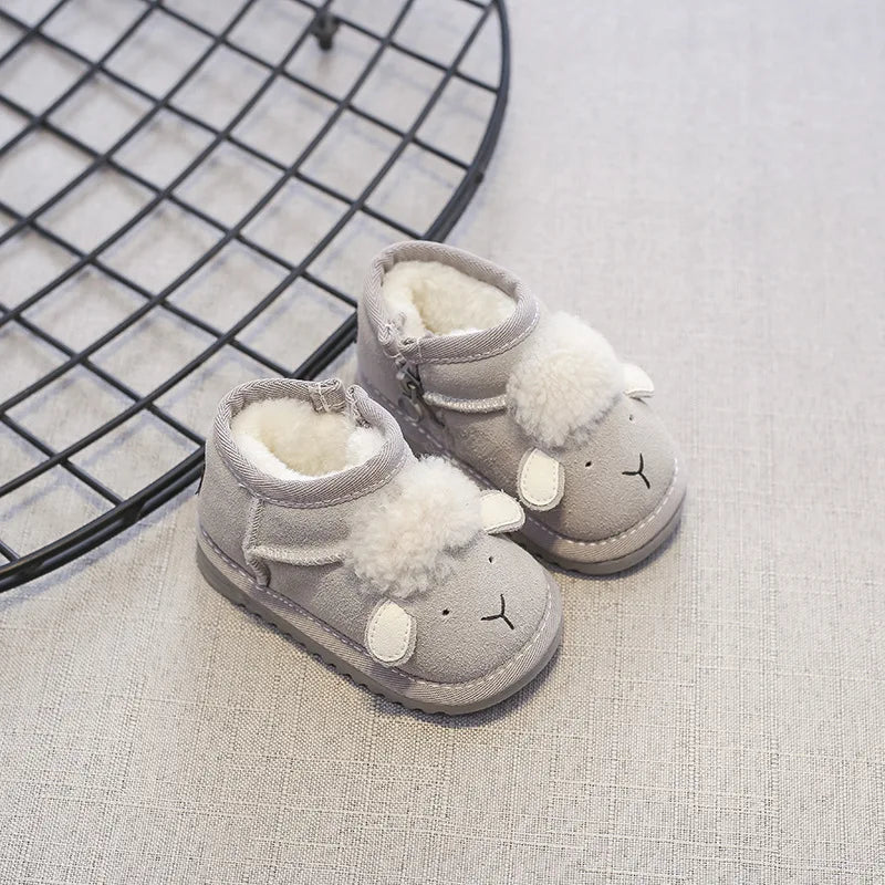 Boobuba 2024 Winter Baby Snow Boots - Cute Leather Sheep Pattern, Warm & Soft